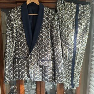 Men's Patterned Navy & Gold Tuxedo Blazer and Trouser Set